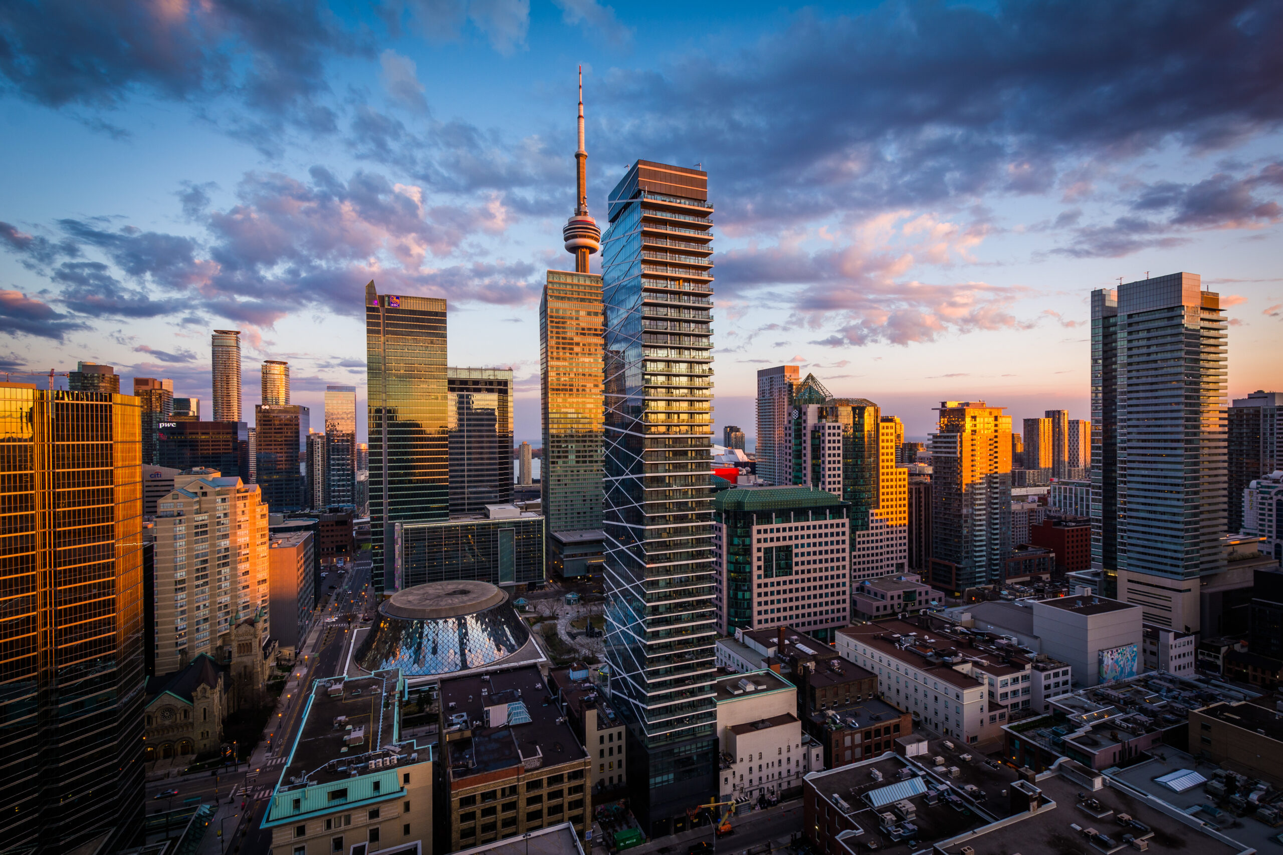 View of modern buildings at sunset in downtown Toronto, Ontario